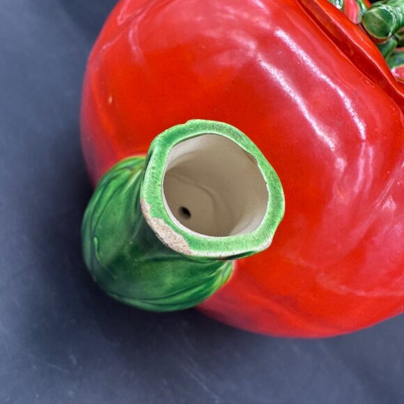 Vintage Tomato Teapot 1950s Japan Kitschy Ceramic Red Green Kitchen Retro Veggie - Picture 9 of 11